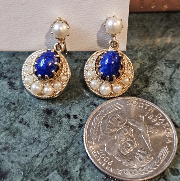 Vintage Lapis Stone with pearl Screwback Earrings - Picture 2 of 5